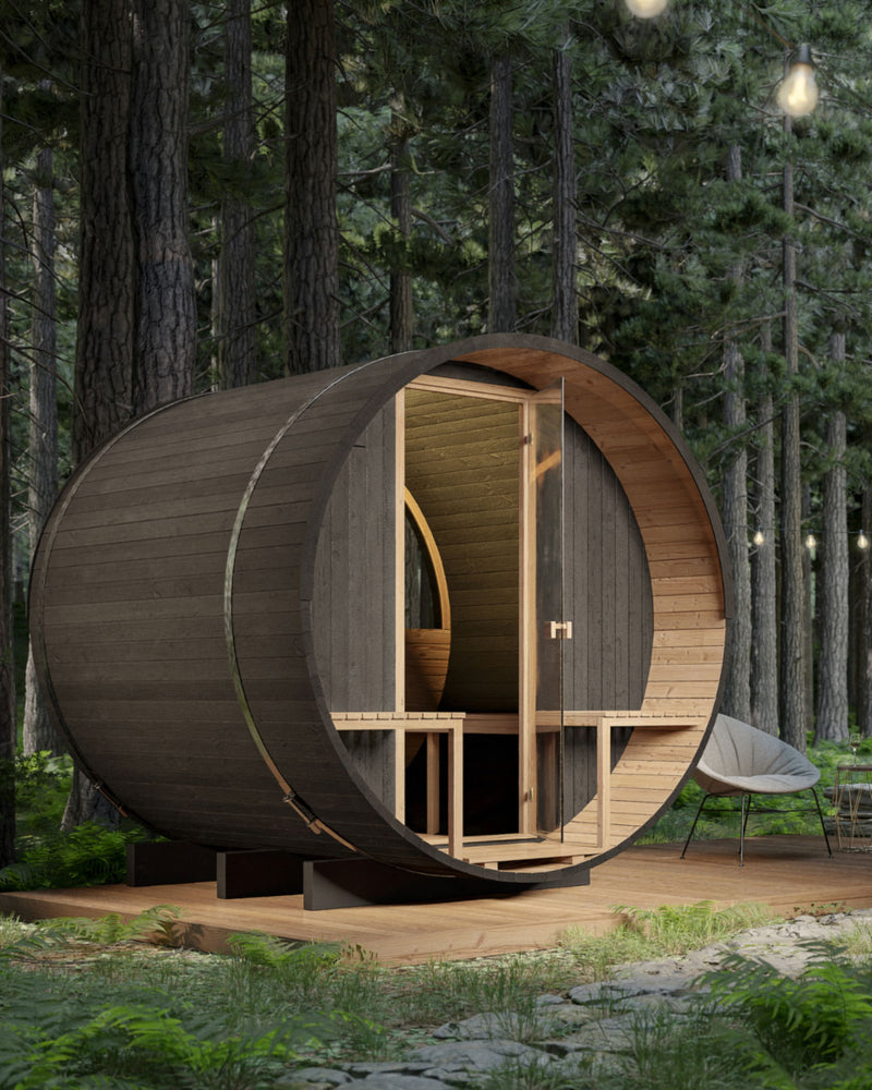 Thermory 4 person Barrel Sauna No. 60 Ignite DIY Kit with window &amp; porch